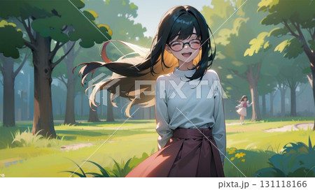 秋の公園を散歩する若い女性 131118166