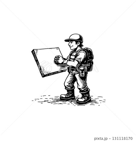 Cartoon construction worker carrying a blank board, symbolizing opportunities for design 131118170