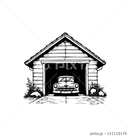 Vintage charm: A monochrome sketch of a classic car sheltered inside a wooden garage 131118174