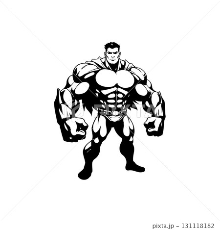 Powerful Superhero Silhouette: Dynamic Muscular Figure in Bold Black and White Powerful Superhero Silhouette: Dynamic Muscular Figure in Bold Black and White 131118182