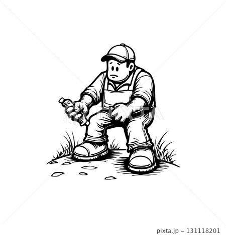 Cartoon Mechanic Contemplating Broken Pipe, Depicting Problem-Solving and Repair Needs 131118201
