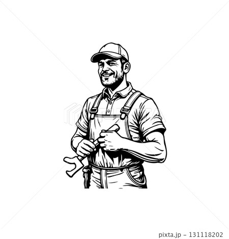 Confident handyman smiles while holding a wrench, isolated on white background Confident handyman smiles while holding a wrench, isolated on white background 131118202