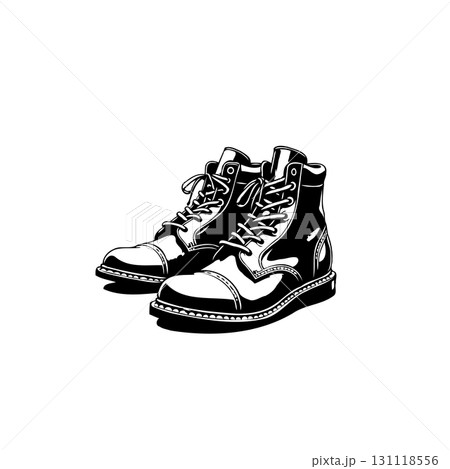 Stylish Black and White Illustration of a Pair of Classic Leather Boots Detailed 131118556