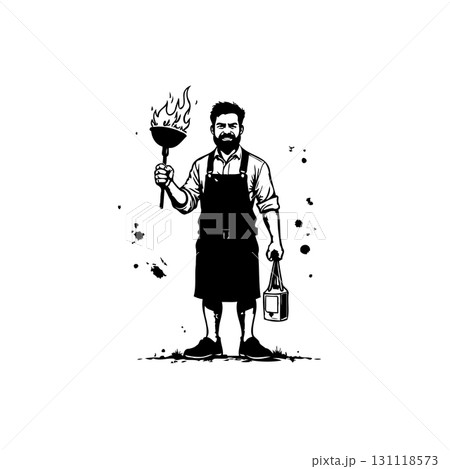 Bearded cook posing with a burning plunger and bottle, monochrome vintage style 131118573