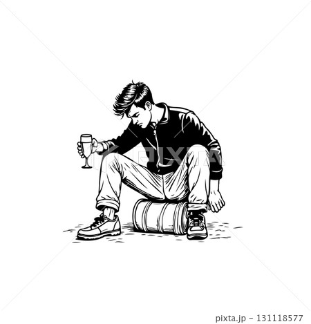 Isolated monochrome illustration depicting a man contemplating with a wine glass alone 131118577