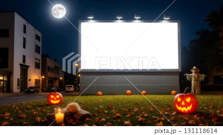 mockup of a halloween billboard on a city street at night with pumpkin lanterns and autumn leaves. 131118614
