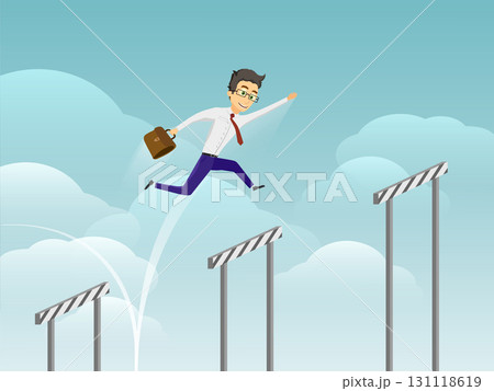 Businessman jumps over obstacle barriers. Businessman jumps over obstacle barriers. 131118619