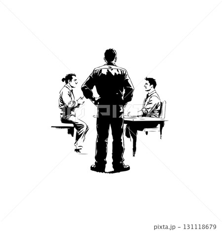 Illustration of a meeting with two seated individuals and a standing observer 131118679