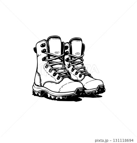 Detailed line art illustration showcasing a pair of sturdy work boots isolated Detailed line art illustration showcasing a pair of sturdy work boots isolated 131118694