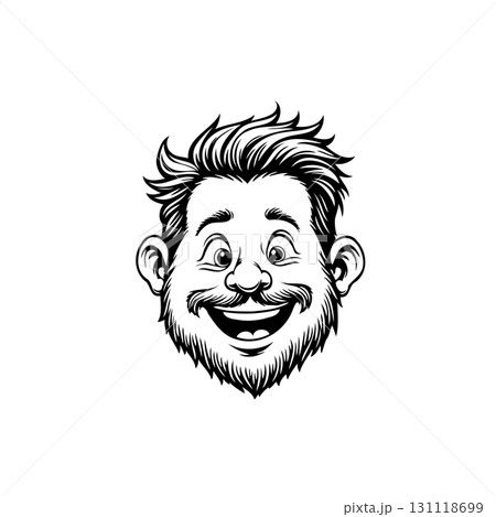 Cartoon Portrait of a Happy Man with Beard and Smiling Expression Black and White 131118699