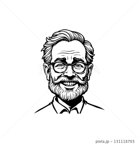 Detailed black and white line art portrait of a smiling senior man with glasses Detailed black and white line art portrait of a smiling senior man with glasses 131118703