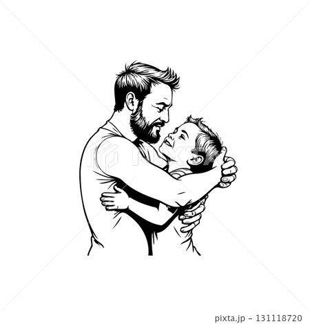 Father's love: A touching illustration of a father embracing his son with tenderness 131118720
