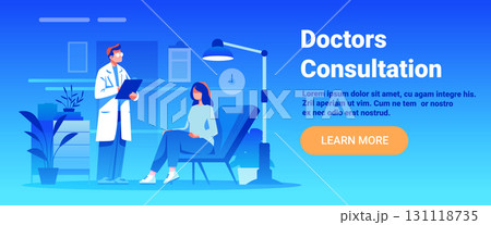 Doctors consultation medical appointment clinic visit doctor holding clipboard talking to patient sitting in modern office blue background website banner Doctors consultation medical appointment clinic visit doctor holding clipboard talking to patient sitting in modern office blue background website banner 131118735