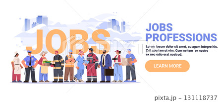 Jobs professions diverse workers group standing cityscape background various occupations teamwork modern banner template Jobs professions diverse workers group standing cityscape background various occupations teamwork modern banner template 131118737