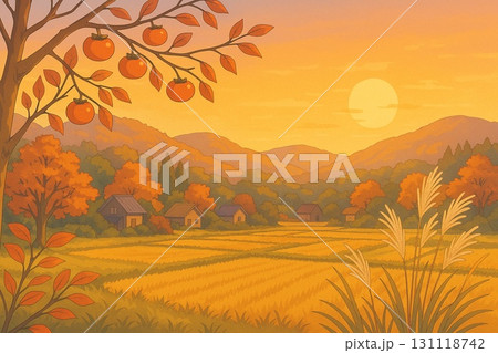 秋 里山風景 柿の木 ススキ アニメ調のイラスト素材 [131118742] - PIXTA