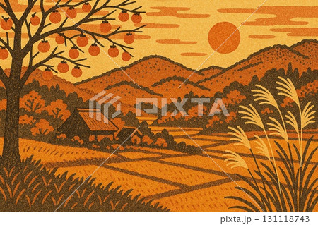 秋 里山風景 柿の木 ススキ 版画調のイラスト素材 [131118743] - PIXTA