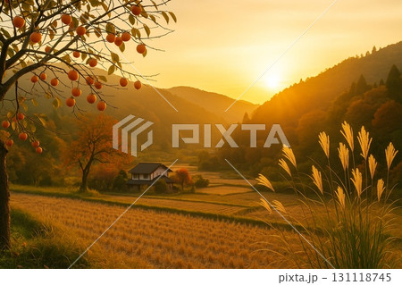 秋　里山風景　柿の木　ススキ　フォトリアル 131118745