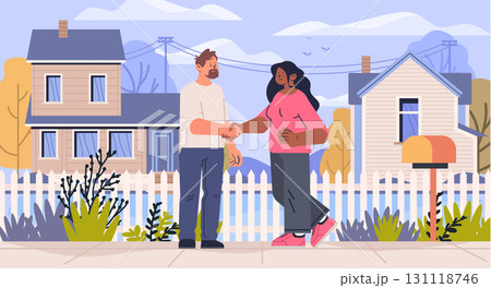 Neighbors greeting handshake friendly community two people meeting outside suburban houses picket fence plants autumn landscape residential neighborhood 131118746