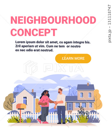 Neighbourhood concept community interaction people greeting handshake suburban houses picket fence landscape website banner 131118747