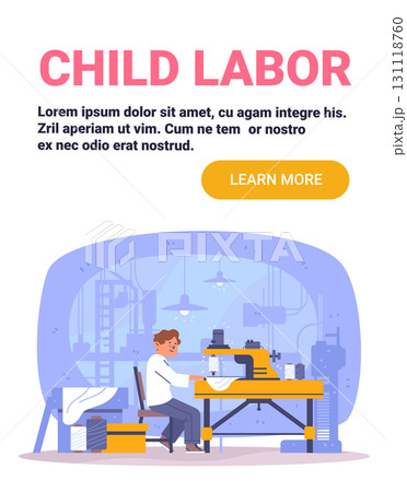 Child labor factory exploitation sad boy sewing machine industrial background workplace abuse awareness banner 131118760