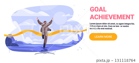 Goal achievement business success concept man crossing finish line arms raised celebrating victory abstract landscape website banner Goal achievement business success concept man crossing finish line arms raised celebrating victory abstract landscape website banner 131118764