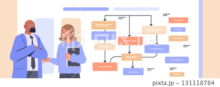 Business process workflow teamwork handshake flowchart collaboration two people discussing project strategy colorful diagram modern flat website banner 131118784