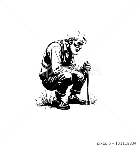 Black and white illustration of a contemplative senior man squatting with a cane 131118834