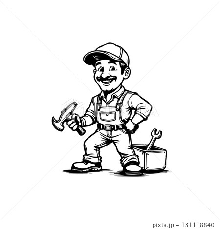 Cartoon Tradesman with Hammer and Wrench Ready for Repair and Construction Projects Cartoon Tradesman with Hammer and Wrench Ready for Repair and Construction Projects 131118840