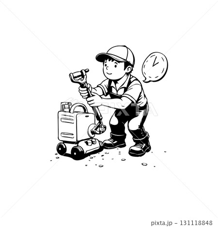 Cartoon illustration of a boy with a tool box and clock bubble indicating service Cartoon illustration of a boy with a tool box and clock bubble indicating service 131118848