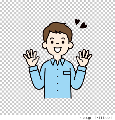 Vector illustration of a man in his 20s or 30s rejoicing with his arms outstretched, upper body, color 131118881