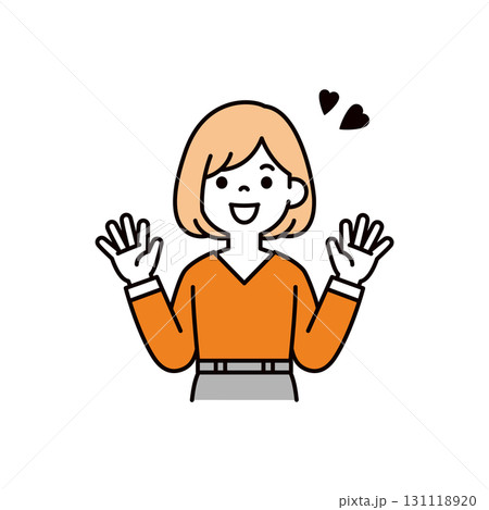 両手を広げて大喜びする、シンプルな若い女性の上半身ベクターイラスト素材 131118920