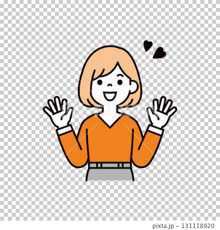 両手を広げて大喜びする、シンプルな若い女性の上半身ベクターイラスト素材 131118920