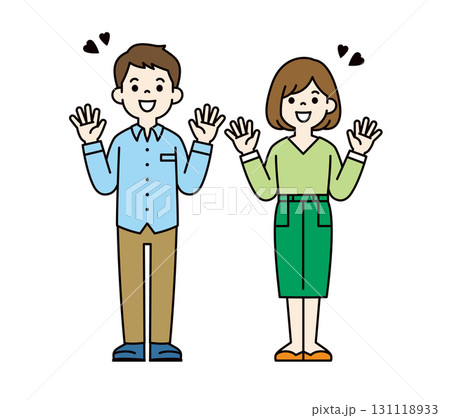 両手を広げて喜ぶ、20代・30代の夫婦の全身ベクターイラスト素材＿カラー 131118933