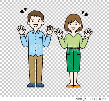 両手を広げて喜ぶ、20代・30代の夫婦の全身ベクターイラスト素材＿カラー 131118933