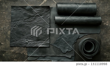 Raw black leather material for crafting and handmade work 131118998