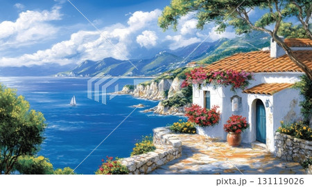 Scenic coastal view with white house, flowers and sailboat on blue sea 131119026