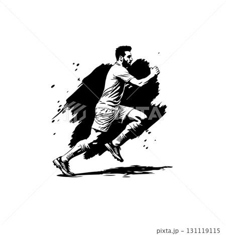 Dynamic black and white vector illustration of a soccer player sprinting energetically 131119115