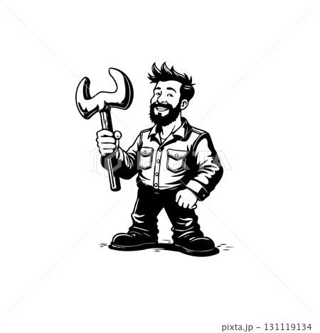 Cartoon mechanic man holding wrench, standing isolated vector, hand drawing 131119134