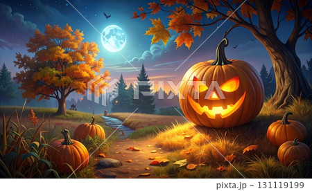 道に置かれたハロウィンのランタンと満月 131119199
