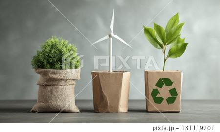 Eco Garden Trio With Burlap Pot, Wind Turbine, And Recycled Box Plant For Sustainable Living 131119201