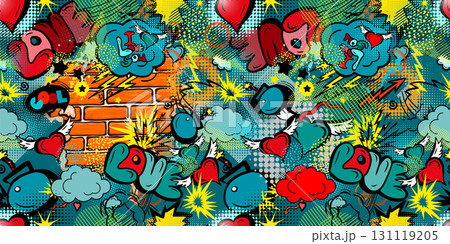 Abstract seamless chaotic pattern with line hearts. Graffiti love heart background. hand drawing. Not AI, Vector illustration 131119205