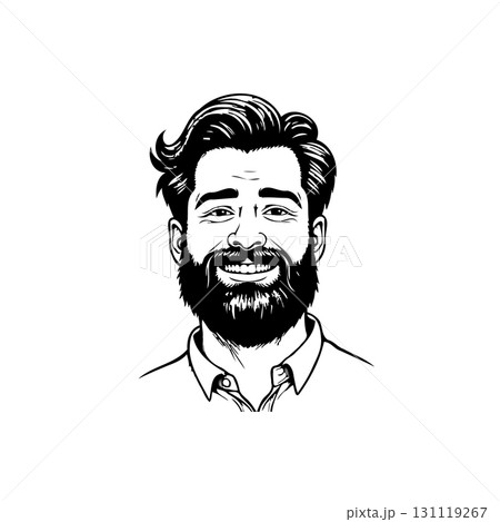 Stylish and Modern Black and White Portrait Illustration of a Bearded Man Smiling 131119267