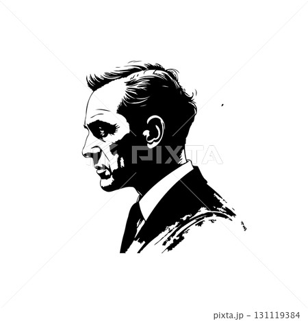 Monochrome portrait of a thoughtful man in suit with artistic brushstrokes 131119384