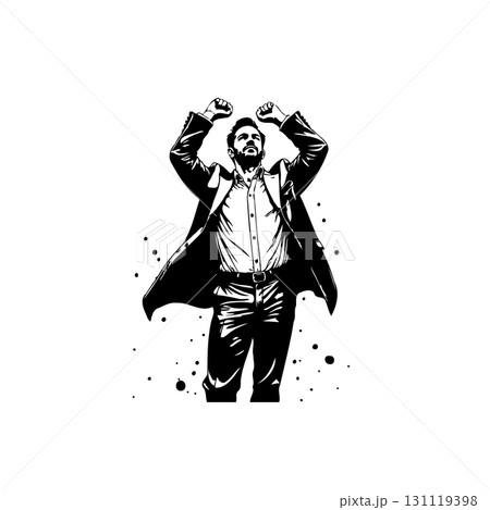 Illustrative depiction of an euphoric man celebrating success in black and white style 131119398