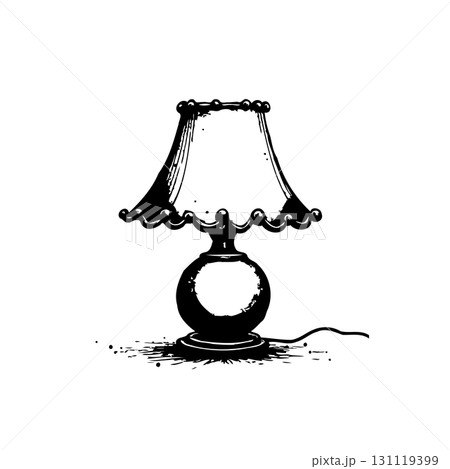Elegant vintage table lamp illustration with intricate details in monochrome design 131119399