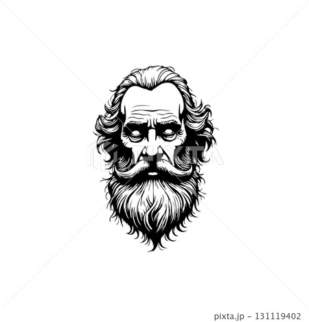 Detailed black and white drawing of a stern bearded man with expressive eyes 131119402