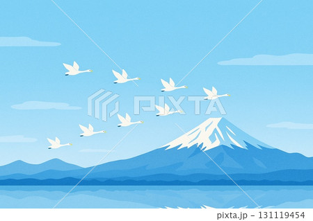 ハクチョウ　V字編隊　渡り鳥　富士山　ベクター 131119454