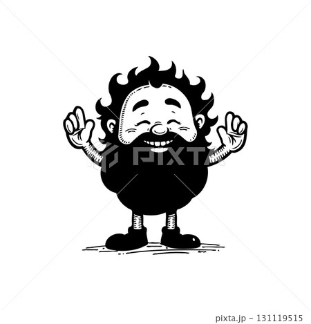 Cheerful bearded cartoon character with hands up against a white background 131119515