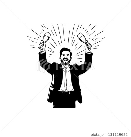 Celebrating Success: Illustrated Man Toasting with Champagne Flutes in Black and White Celebrating Success: Illustrated Man Toasting with Champagne Flutes in Black and White 131119622