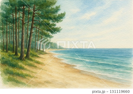 松林　砂浜　海　水彩画 131119660